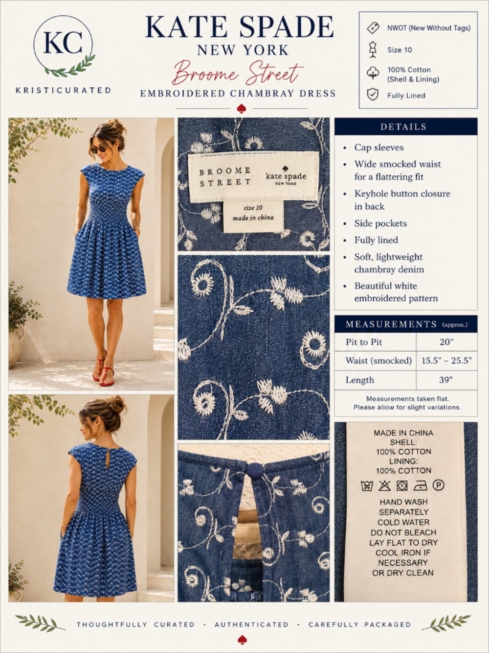 Kate Spade Broome Street Embroidered Chambray Dress Blue White Size 10 NWOT - Picture 2 of 13